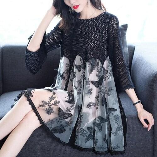 Spring Summer Fashion Womens 3/4 Flare Sleeve Patchwork Butterfly Floral Dress , Female Woman 2020 Black Ruffles Dresses