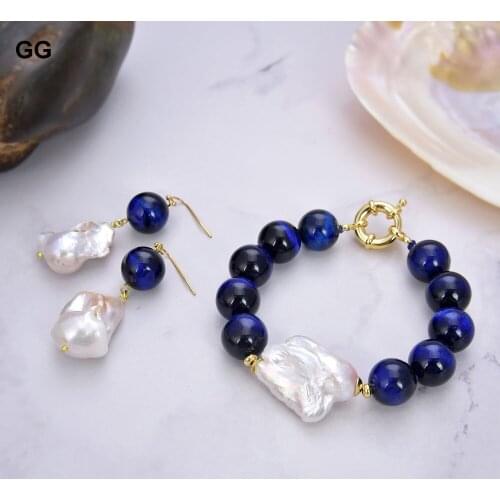 GuaiGuai Jewelry Cultured White Keshi Pearl 14mm Blue Tiger Eye Bracelet Dangle Hook Earrings Sets