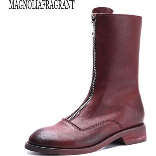 Retro Genuine Leather Womens Winter Ankle Boots 2020 Fashion Front Zipper Women boots Warm Ladies Shoes botas de mujer ay19