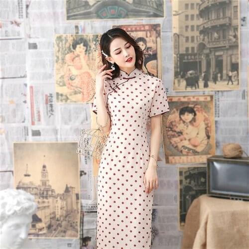 Sheng Coco Wave Point Silk Pink Chinese Cheongsam Costume Pearl Pankou Cute Qipao Vestidos Female Oriental Party Dress