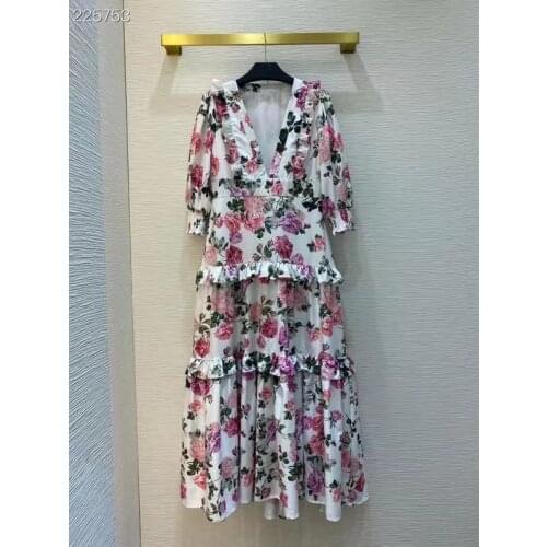 New 2021 Fashion Runway Autumn Vintage Long Dress Women V-Neck Half Sleeve Floral print Ruffles Elegant Vacation Dress