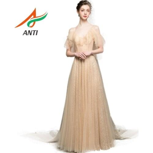 ANTI Champagne Summer V-Neck Gowns Women Elegant Tulle Evening Dress Long 2019 Sequined Illusion abiye gece elbisesi ever pretty