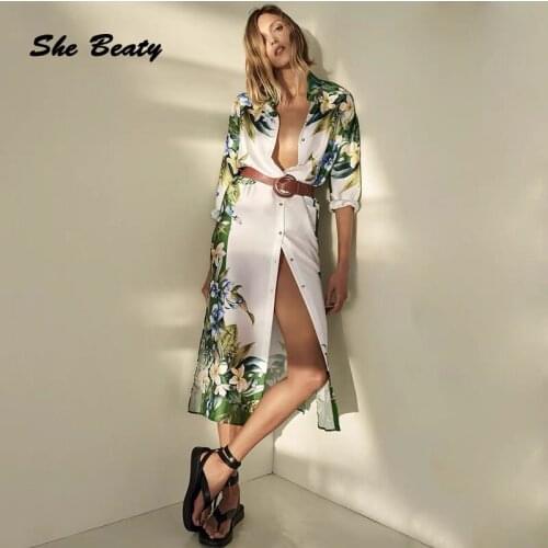 She Beaty Vintage Floral Printed Women Dresses 2021 Summer Clothes Turn-Down Collar Casual Single Breasted Y2k Blouse Dress Pull