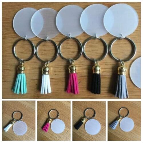 7 Colors 4cm Blank Disc with 3cm Suede Tassel Vinyl Keyring Multi Color Available Clear Acrylic Disc Tassel Keychain