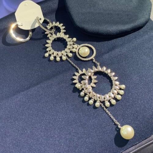 Brand 1:1Fashion Asymmetry Earrings Silver Color Large Round Sun Flower Earrings High Quality AAA Zircon Pearl Women Jewelry