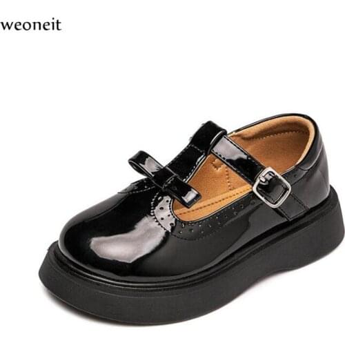 Weoneit Childrens Flats Bowtie Flower Princess Party Performance Shoes Big Student Girl Shoes for Kids Soft Sole Leather Flats
