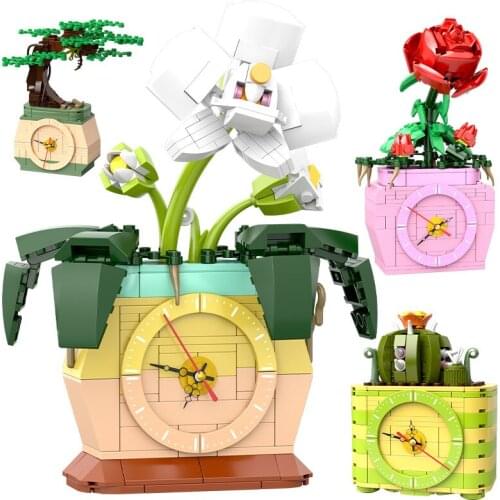 City Rose Orchid Flower Potted Plants Clock Building Blocks Home Decoration DIY Friends Bricks DIY Toys for Kids Girls Gifts