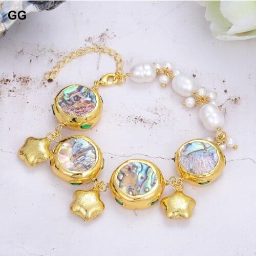 GuaiGuai Jewelry Cultured White Rice Pearl Rainbow Color Abalone Shell Bracelet 8"