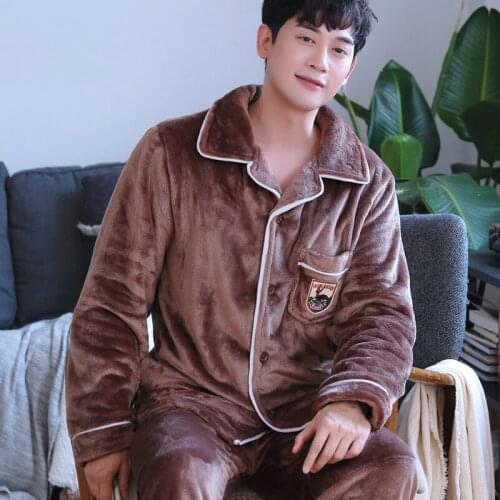 H5909 Men Pajamas Autumn Winter Thickened Flannel Plus Size Warm Sleepwear Set Youth Middle-aged Male Corals Thermal Nightwear
