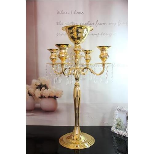 Hot sell Unique 75 cm gold color candelabra 5-arms metal candle holder, silver plated candle stick with flower bowl for decora