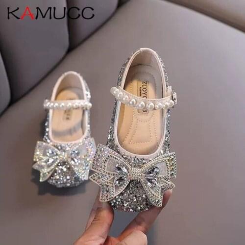 KAMUCC New Children Leather Shoes Rhinestone Bow Princess Girls Party Dance Shoes Baby Student Flats Kids Performance Shoes D785