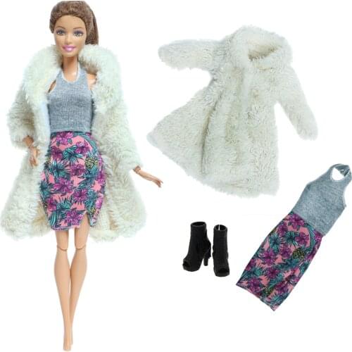Set Sale Fashion Doll Outfit White Fur Coat Warm Wear Flower Pattern High Heels Shoes Winter Clothes for Barbie Doll Kids Toy