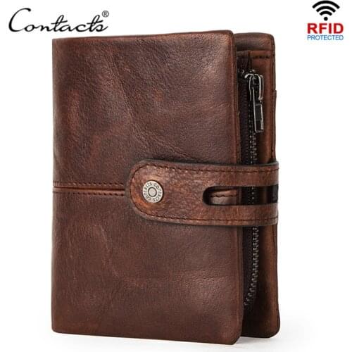 CONTACTS NEW Crazy Horse Leather Wallet Men Coin Purse Casual Card Holder Small Billfold for Man High Quality Male Wallets RFID