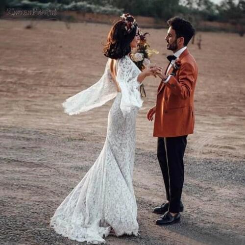 Lace Mermaid Wedding Dresses Flare Sleeve Backless Bridal Gowns V-Neck Robe de Soriee Country Gowns DW181