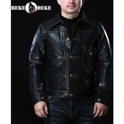 New Vintage Horsehide Jackets Mens Short Slim Turn-Down Collar Single Breasted Pockets Genuine Leather Korean Style Fashion Coat