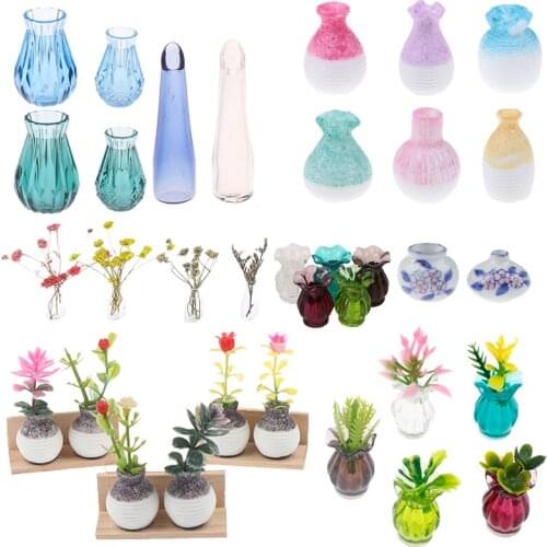 1/5 PCS 1/12 Plants Vase Mini Flower For Doll House Furniture Decoration Accessories Toys Dollhouse Miniature Potted Home Decor