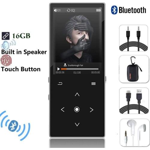 MP4 Player Bluetooth Touch Button 16GB HIFI Lossless Music Player Built-in Speaker with FM Radio, Voice Recorder, Support Video