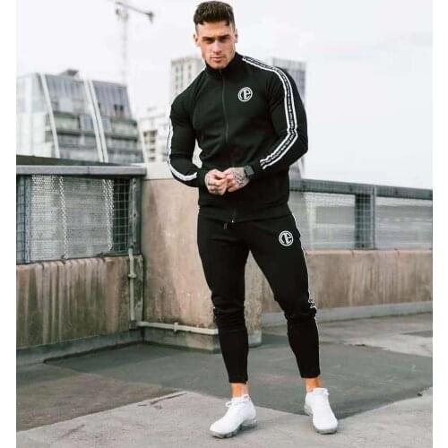 2020 New Men Autumn Sportswear Casual Tracksuit Two Pieces Sets Stand Collar Jackets Sweatshirt Pants Joggers Running Fitness