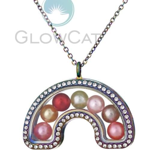 Rainbow Crystal Pendant Necklace Glass Floating Locket Pearl Cage Pendant 50cm Steel Chain Necklace