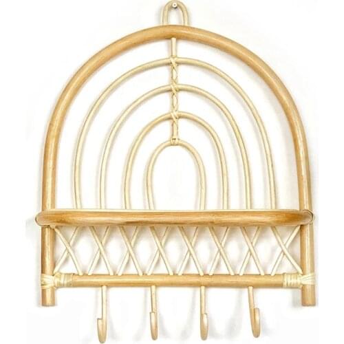 Rattan Wall Shelf Handmade Semicircular Rattan Wall Decoration Rack with Hook Home Hanging Rack