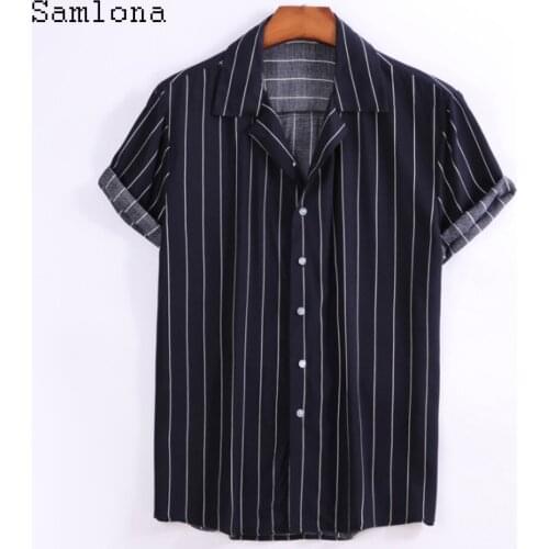 2021 Single Breasted Mens Classic Stripes Blouse Short Sleeve Casual Shirt Masculina Shirt blusas Homme Ropa Sexy Men Clothing