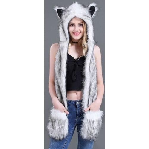 10 Styles Faux Fur Hood Animal Hat Ear Flaps Hand Pockets 3 in1 Animal Hat Wolf Plush Warm Earmuff Animal Cap with Scarf Gloves