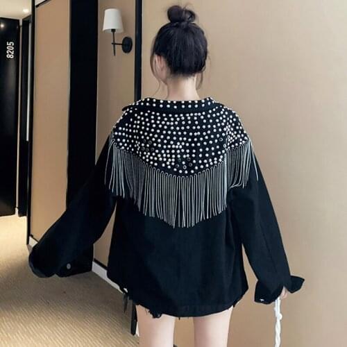 Send normally Spring Women Denim Jacket 2020New Jackets Tassel Heavy industry Diamond Studded Long Sleeve Coat Women Jean Jacket