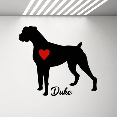 Vinyl Boxer Dog Wall Sticker Custom Name Decal Personalize Dogs Name Wall Stickers Boxer Dog With Red Heart Wall Art Mural C268