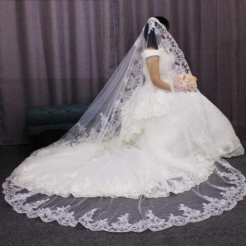 High Quality Neat Lace Mantilla Bridal Veil One Layer Long White Ivory Wedding Veil with Comb Voile Mariage Bride