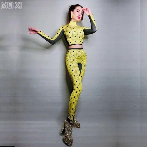 Bright yellow 3d print rhinestone jumpsuit party nightclub bar concert DJ singer/dancer costume