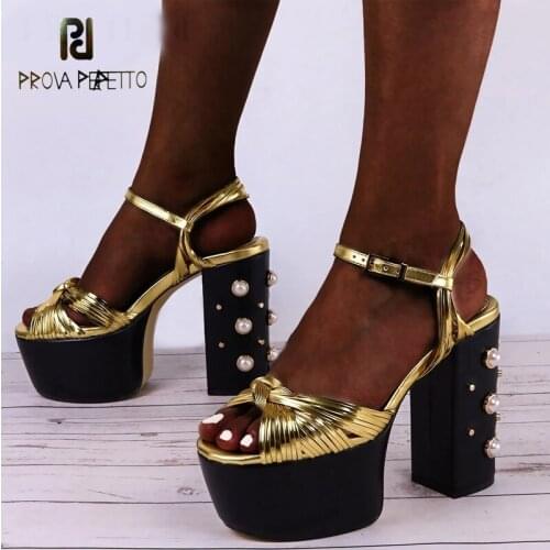 Summer fashion show personality leather pearl metal thick heel thick-soled super high-heeled brand sandals female plus size