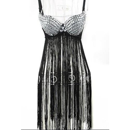 New Ladygaga Performance Costume Rhinestone Bra Long Fringe Tassel Dress Sexy Nightclub Jazz Gogo Pole Dance Stage Costume 917