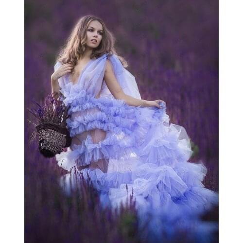 Vintage Bridal Tulle Maternity Robe Sleeveless V Neck Sheer Maternity Dressing Gowns Ruffled Fluffy Maternity Robe