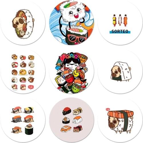 58mm Sushi Pug Novelty Sushi Restaurant Icons Pins Badge Decoration Brooches Metal Badges For Backpack Decoration