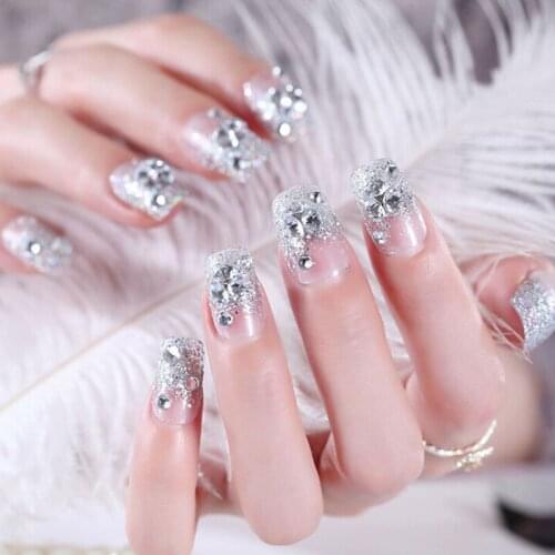 24Pcs Silver White False Nails Acrylic UV Gel Full French Fake Art Tips Tools