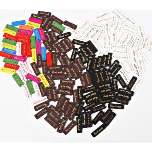 50pcs/lots 10x30mm Wooden Rectangle Pattern Button "Handmade" Tags For DIY Craft Clothes Handmade Sewing Accessories