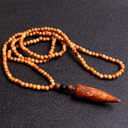 Yellow natural stone bead & horn tooth pendants long necklace