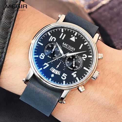 MEGIR 2021 New Blue Leather Strap Chronograph Quartz Watches Men Fashion Wristwatch Man Casual Sport Watch Мужские часы Relojes