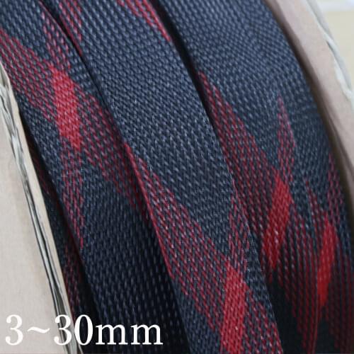 Black + Red Tight High Density PET Braided Wire Sleeve 3 - 30mm Insulated Cable Protection Expandable Line Sheath