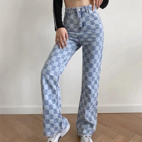 Women Fashion Casual straight Plaid Jeans trf Slim high-waist denim Wide-legged pants pocket vintage Streetwear Trousers Lady