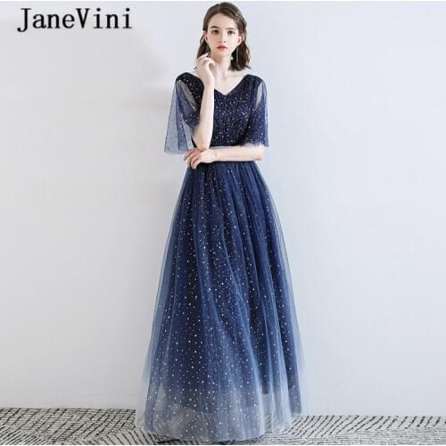JaneVini Elegant Navy Blue Long Prom Dresses Plus Size 2020 V Neck Half Sleeve Star Pattern Tulle Formal Prom Gowns Floor Length