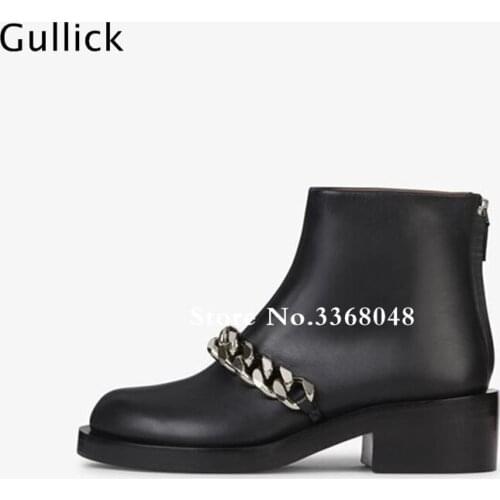 Hot Selling Designer Gold Silver Chain Ankle Boots Super Leather Back Zipper Chunky Heel Winter Fashion Boots Motorcycle Boots