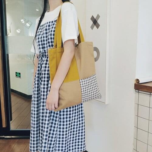 PURFAY Canvas Capacity Women Shoulder Bag Splicing Tote Shopper Bag Eco Reusable Travelling bag Cloth Messenger Bag