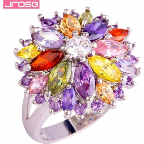 JROSE Wholesale Engagement Flower Jewelry Created Peridot Pink Garnet Silver Color Ring Size 6 7 8 9 10 11 12 13 Fashion Gift