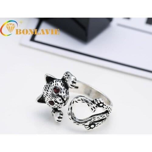 BONLAVIE 925 Sterling Silver Vintage Open Ring Temperament Wild Cool Leopard Head Ring Leopard Cat Ring Jewelry Gift