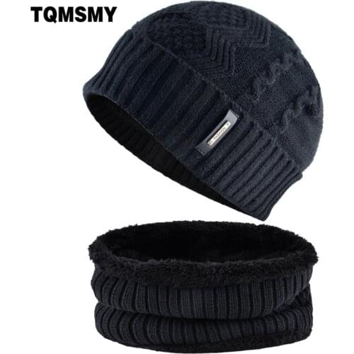 TQMSMY Knitted Hat Set For Men Winter Warm Thick Knitting Skullies Beaneis And Scarf Double Layer Add Velvet Bonnet Cap TMA91