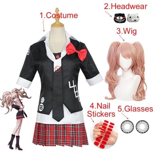 Danganronpa Enoshima Junko Full Cosplay Costume High School Student Uniform Cafe Work Clothes Short Skirt Ponytail Wig