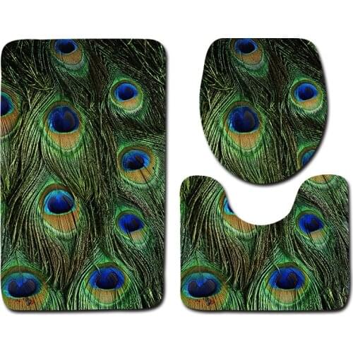 3pcs Bath Mat Set Microfiber Non Slip Bathroom Mat Peacock Feathers Close-up Pattern Bathroom Rug Set