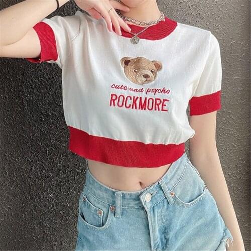 Summer Women Kawaii T-Shirt Bear Letter Embroidery O-Neck Short Sleeve Crop Tops Cute Sweet High Quality Tees 2021