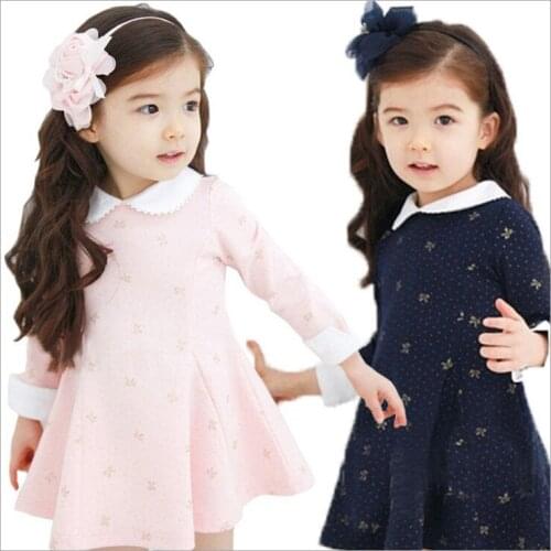 New Girls 'dress for Autumn and Winter Dress Fashionable Cotton Childrens Clothes Long Sleeve Pink Blue Color